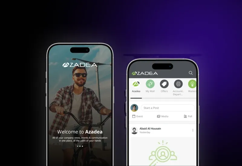 Azadea Connect+ employee app: welcome screen and the company wall with news and posts, built by Eurisko