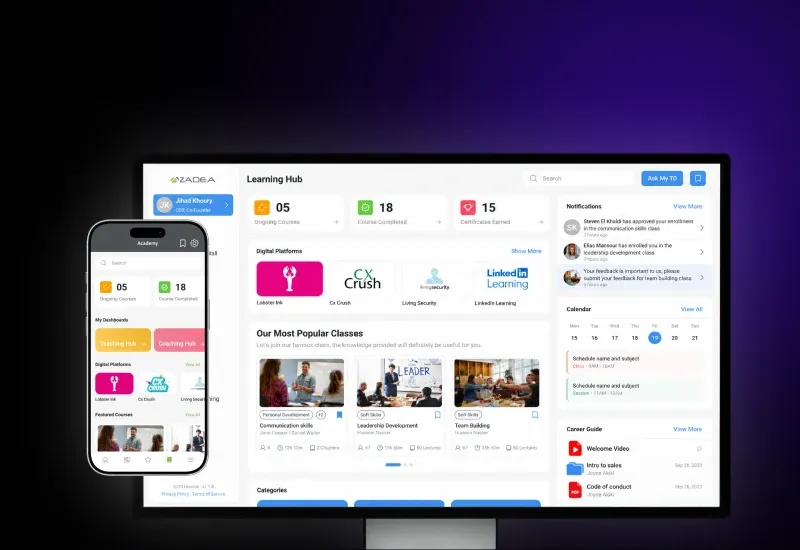 ELMS learning hub for Azadea on desktop and mobile: courses, digital platforms and calendar, built by Eurisko