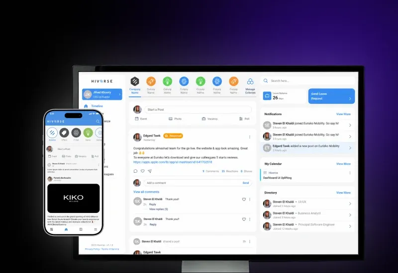 Hiverse employee experience platform on desktop and mobile: social wall, communities and directory, built by Eurisko