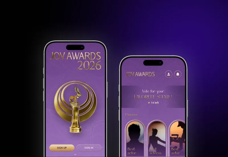 Joy Awards app: sign-in screen with the award trophy and the vote for your favourite star screen, built by Eurisko
