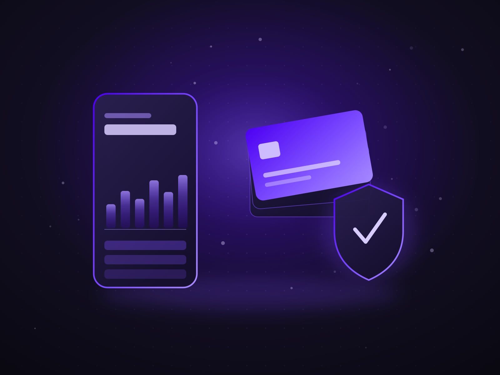 Mobile banking app, card stack and security shield