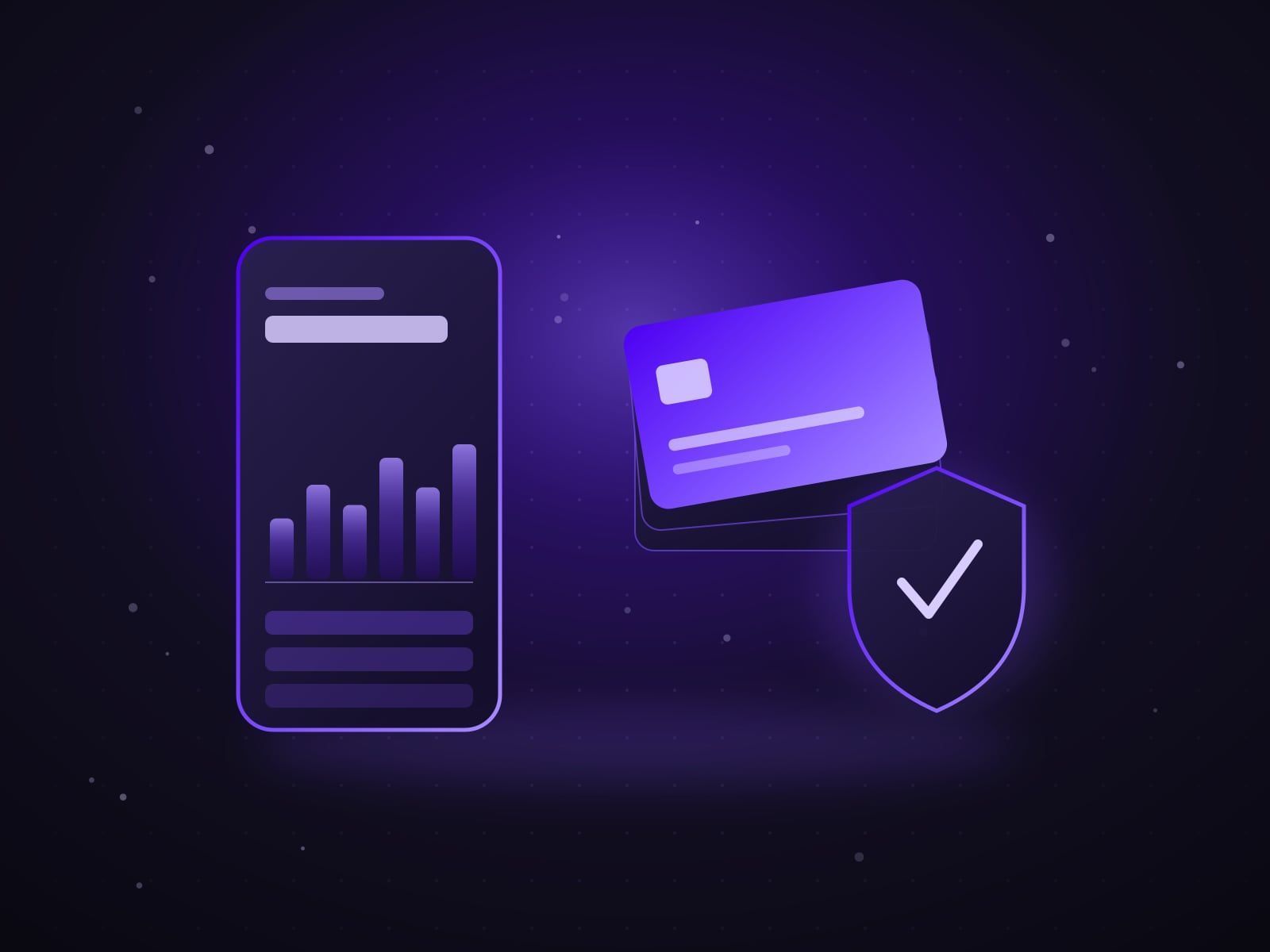 Mobile banking app, card stack and security shield