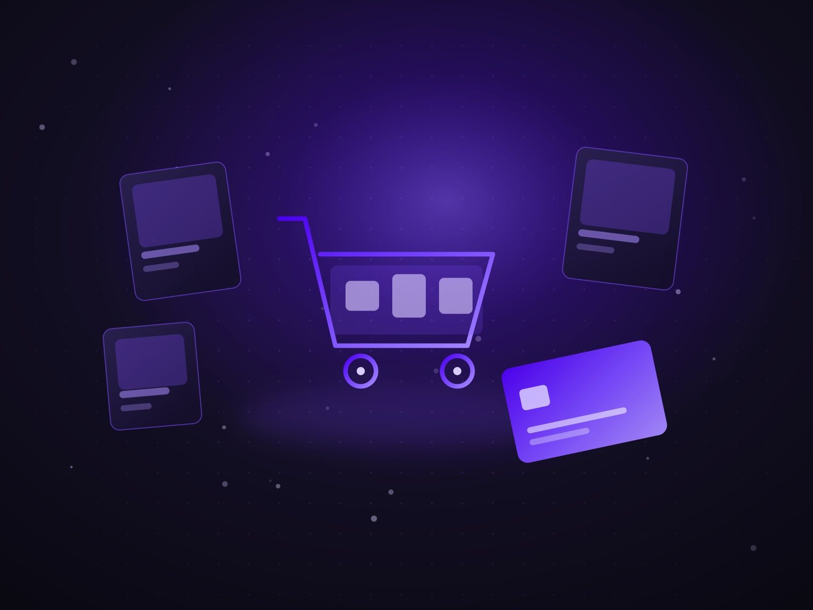 Online shopping cart, product cards and a payment card