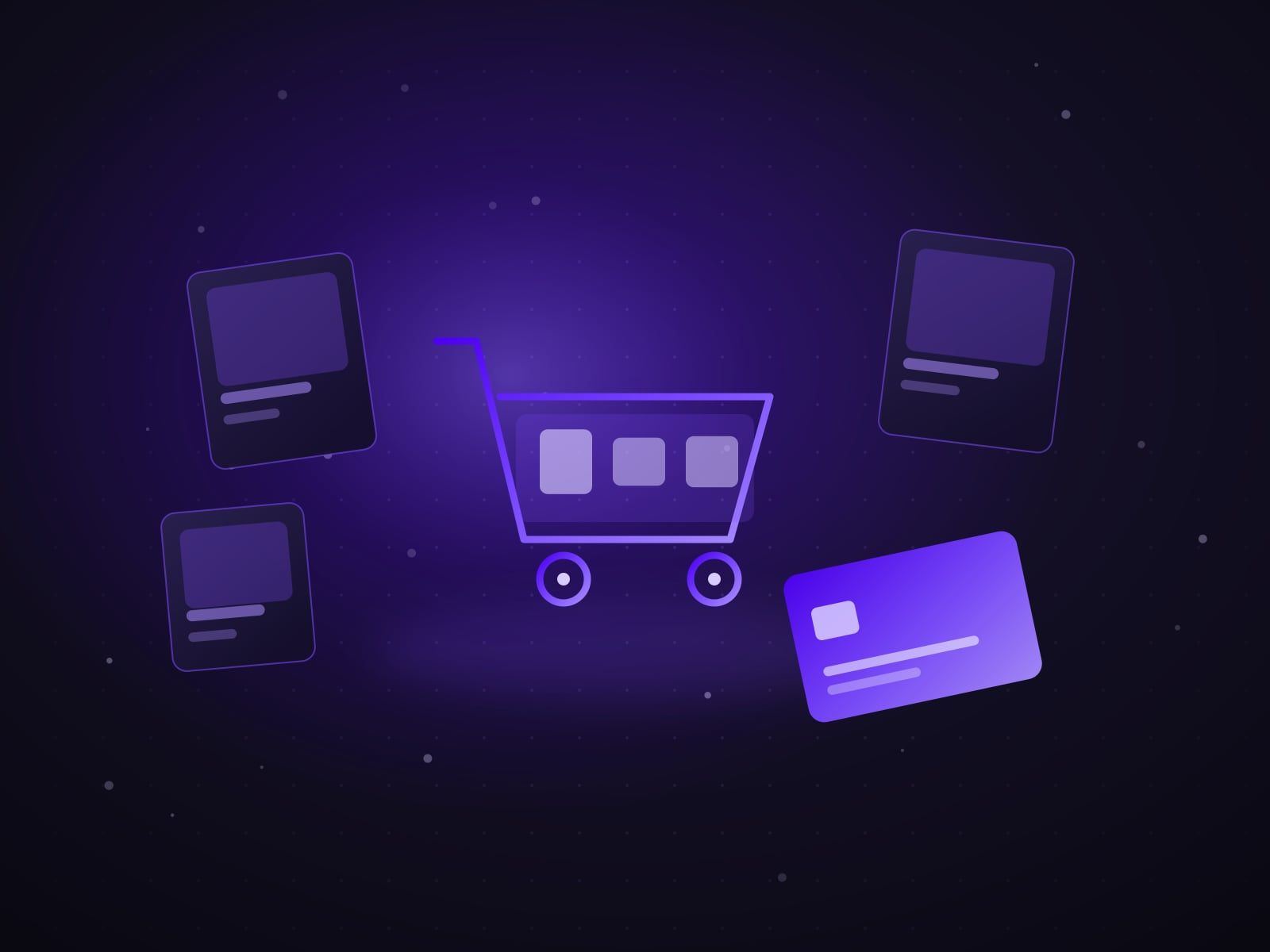 Online shopping cart, product cards and a payment card