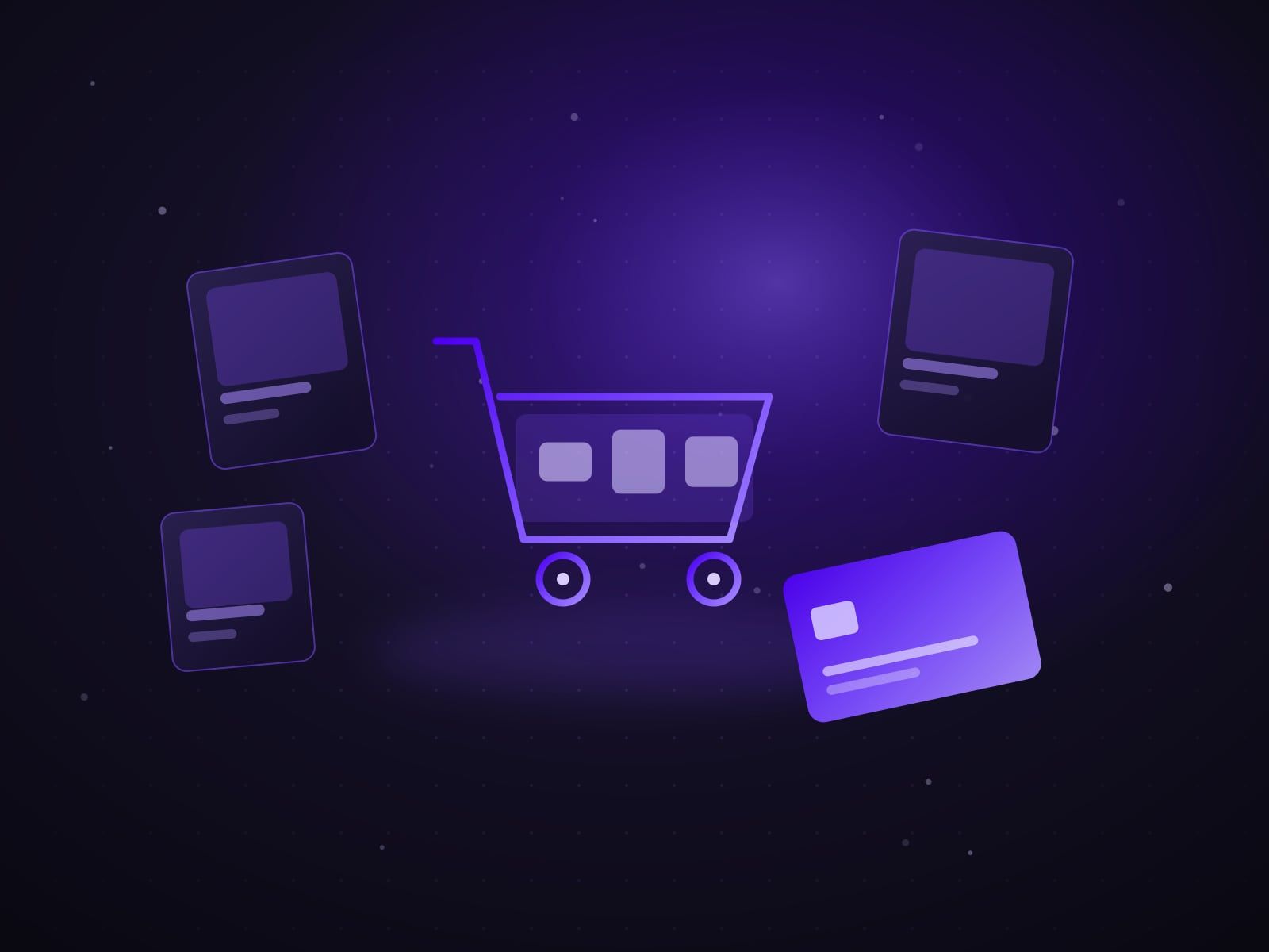 Online shopping cart, product cards and a payment card
