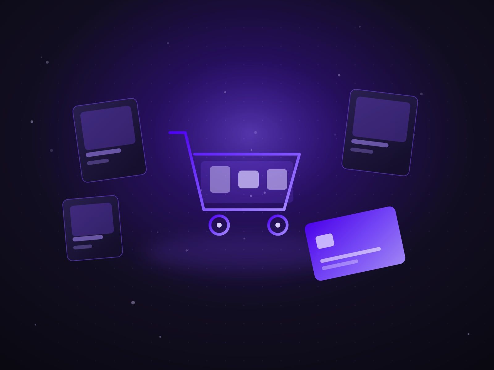 Online shopping cart, product cards and a payment card