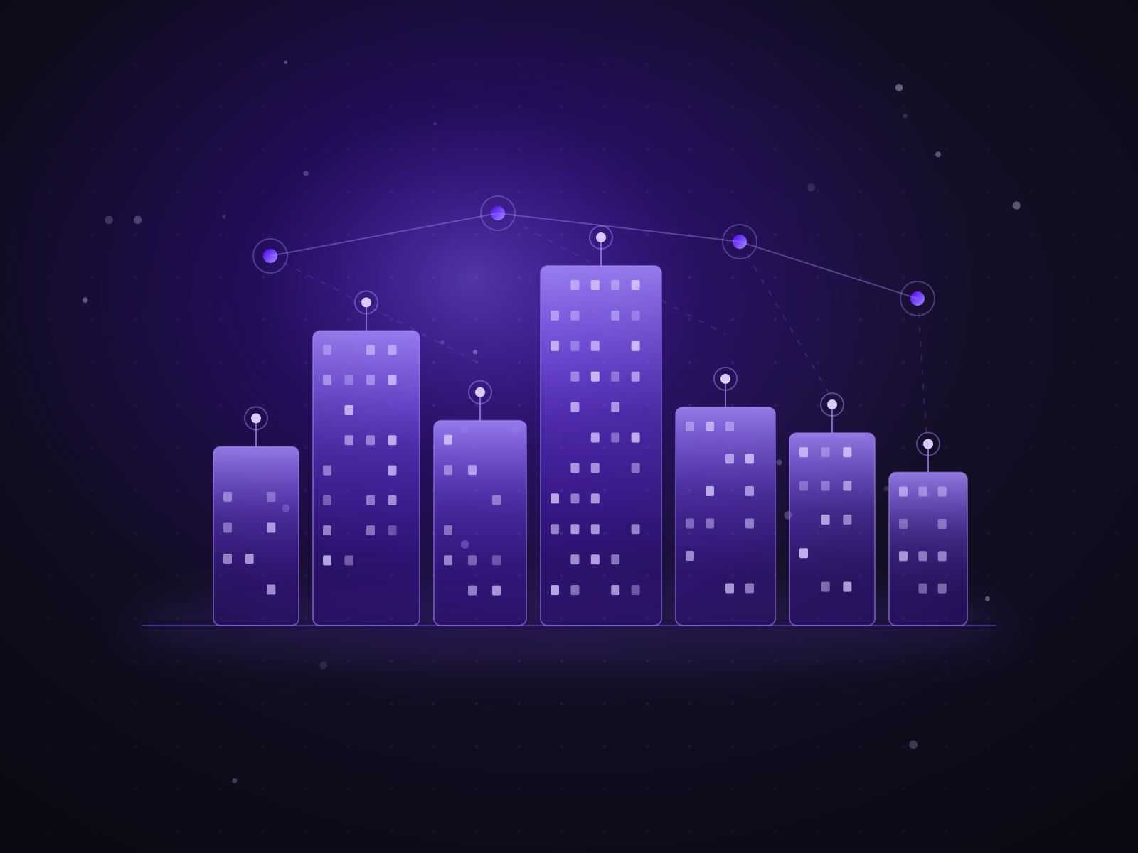 Connected city skyline with sensors and a data mesh overhead