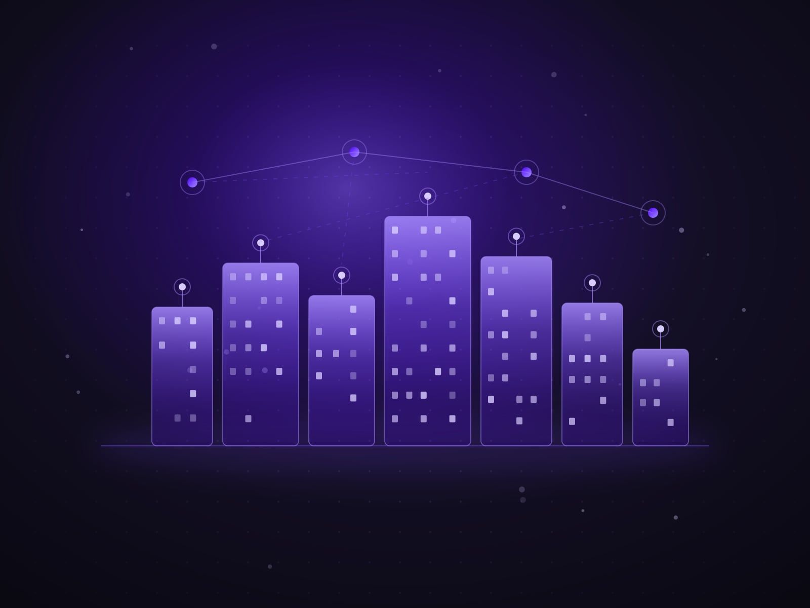 Connected city skyline with sensors and a data mesh overhead