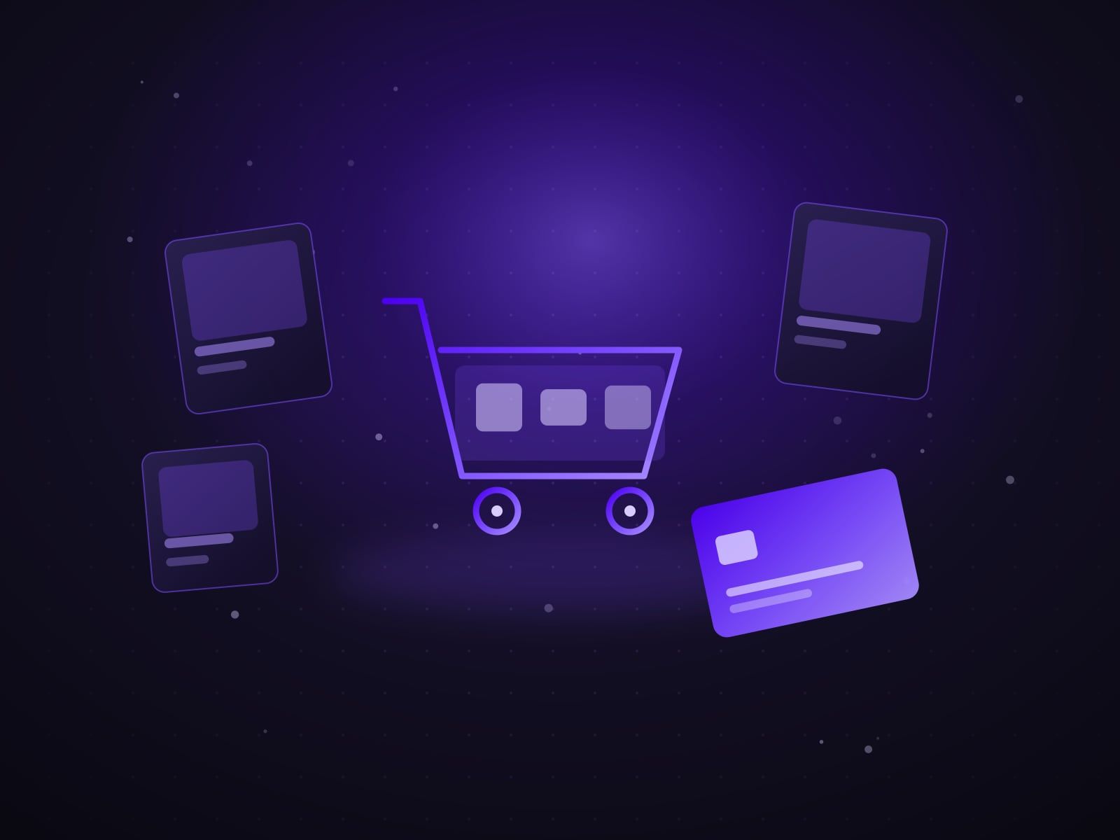 Online shopping cart, product cards and a payment card