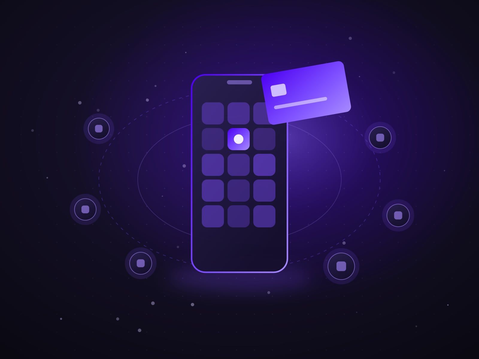 Super app phone with service tiles and a digital wallet card