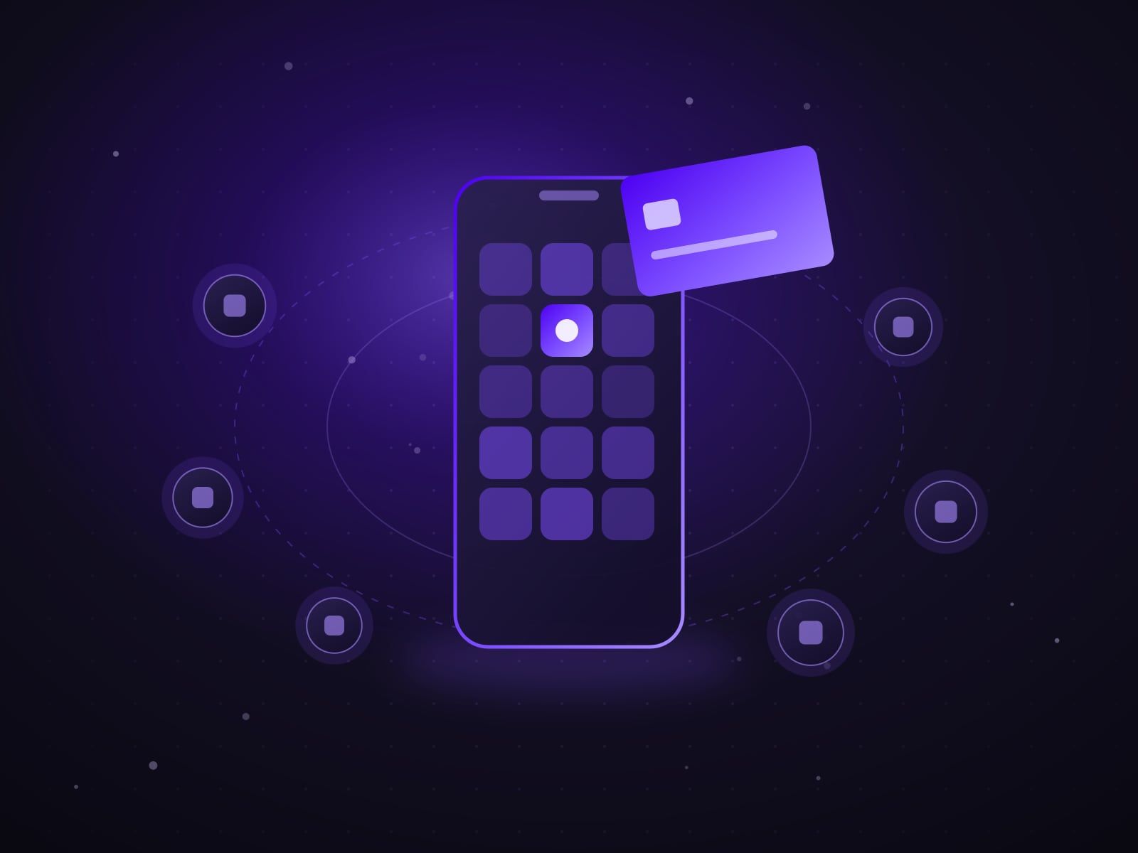 Super app phone with service tiles and a digital wallet card