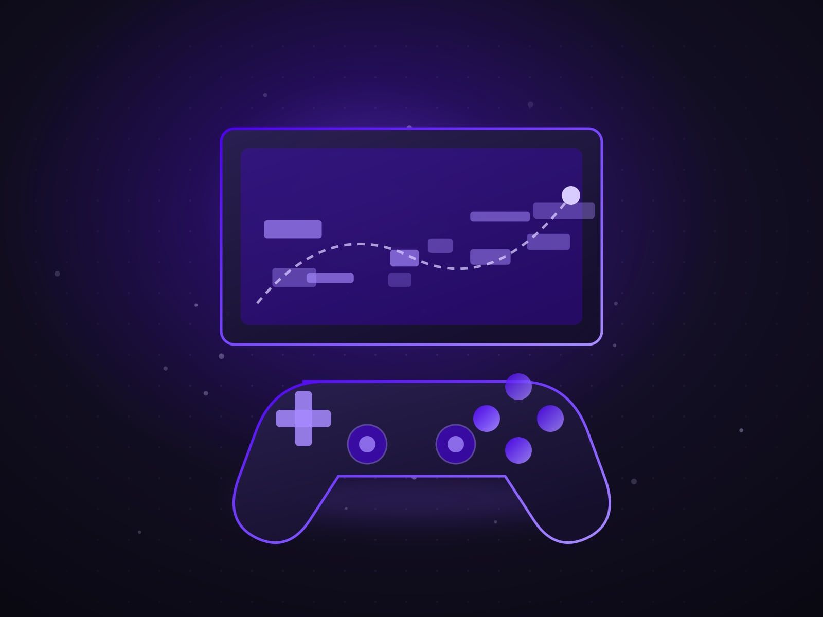 Game controller in front of a screen showing a game world